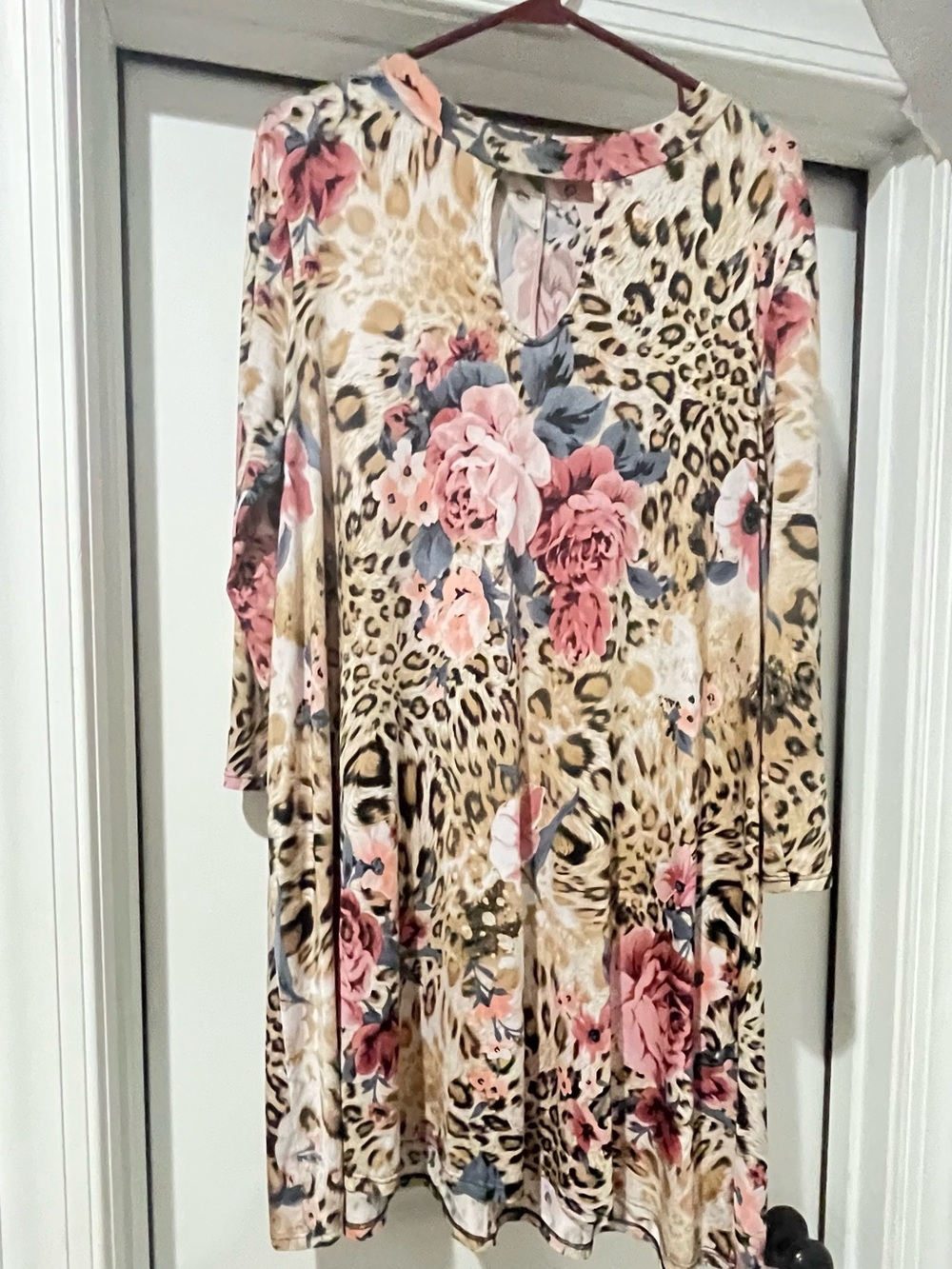JODIFL Floral & Leopard Print Tunic Dress — Pink, Beige, Black
